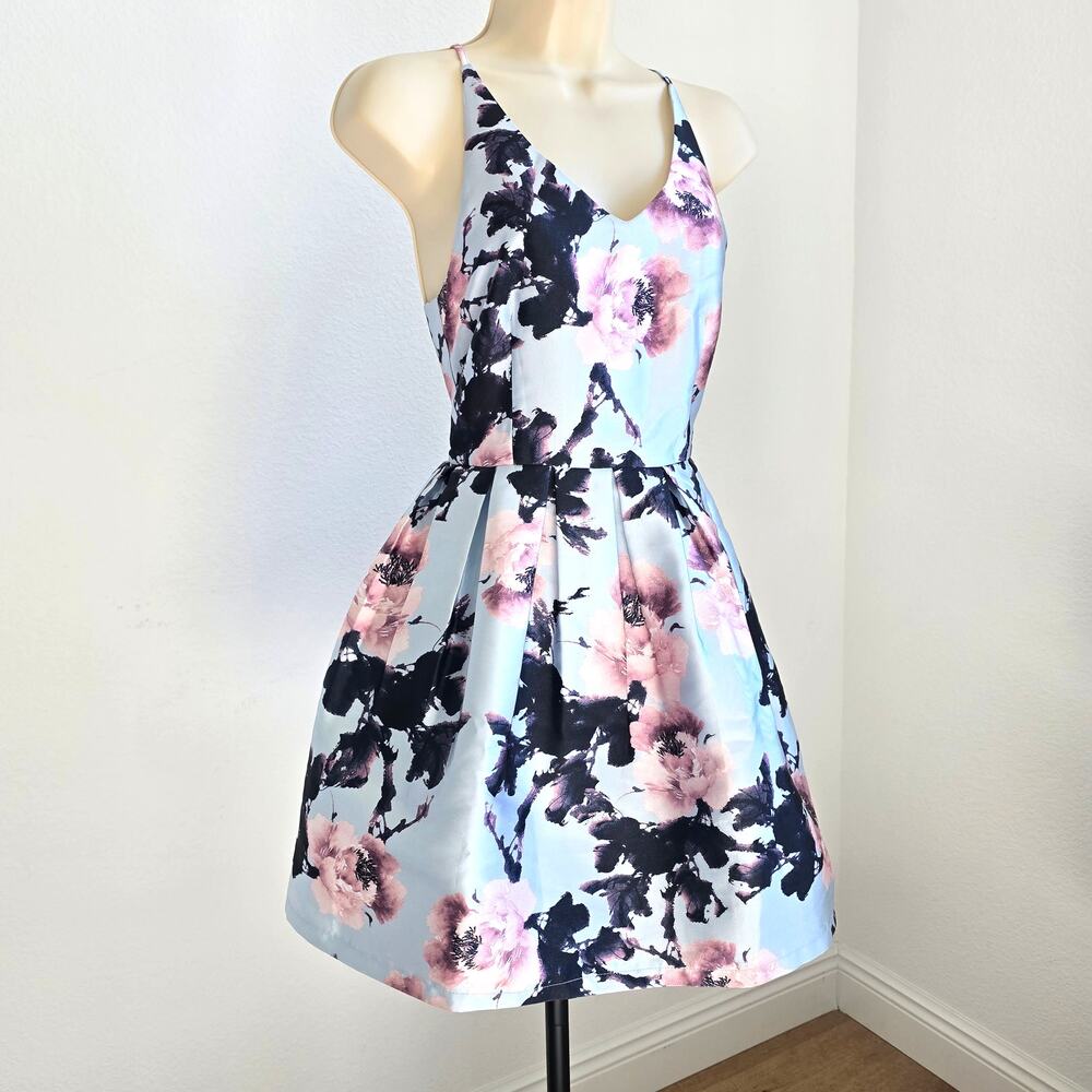 ANGL Floral A-Line Dress Crisscross Back Adjustable Spaghetti Strap